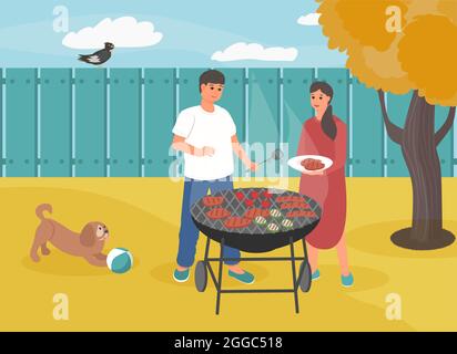 Fête barbecue d'automne. Arrière-cour de la maison. Couple mignon préparant la nourriture sur le gril. Heure du barbecue. Jour d'automne ensoleillé. Illustration vectorielle Illustration de Vecteur