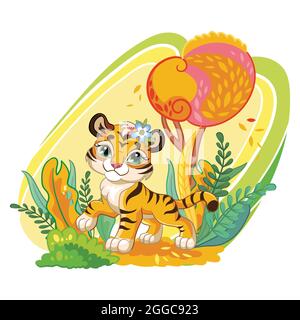 Mignon personnage de dessin animé tigre cub dans la forêt d'automne. Illustration vectorielle isolée sur fond blanc. Pour l'impression, le design, la publicité, la papeterie, Illustration de Vecteur