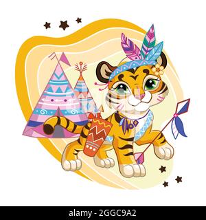 Mignon personnage de dessin animé tigre cub avec noeud, flèches et tipi. Illustration vectorielle isolée sur fond blanc. Pour l'impression, la conception, la publicité, la statistique Illustration de Vecteur