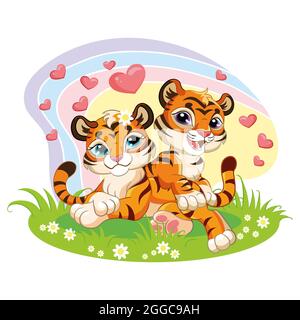 Adorable personnage de dessin animé deux petits tigre amoureux avec des coeurs dans un pré. Illustration vectorielle isolée sur fond blanc. Pour l'impression, le design, la publicité Illustration de Vecteur