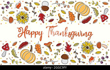 Illustration de légumes et de feuilles. Arrière-plan avec lettrage joyeux Thanksgiving Illustration de Vecteur