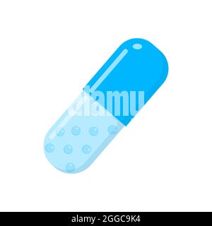 Capsule bleue avec dragées. Spansula avec des granules de médicament isolés sur fond blanc. Concept de thérapie médicale. Illustration de dessin animé vectoriel. Illustration de Vecteur