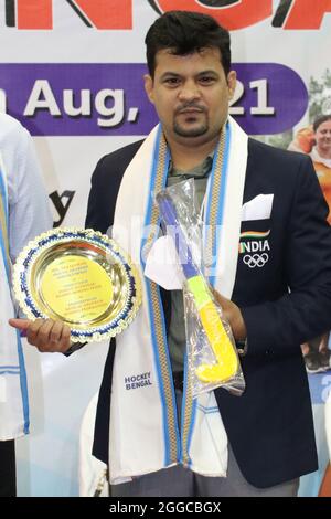 Kolkata, Inde. 29 août 2021. Mohammed Ali Qamar est un boxeur de Kolkata. Il a été le premier Indien à remporter une médaille d'or dans la discipline de la boxe aux Jeux du Commonwealth de 2002, à Manchester. L'Association de hockey du Bengale célèbre la Journée nationale des sports et l'anniversaire du major Dhyan Chand à Kolkata. (Photo de Dipa Chakraborty/Pacific Press) crédit: Pacific Press Media production Corp./Alay Live News Banque D'Images
