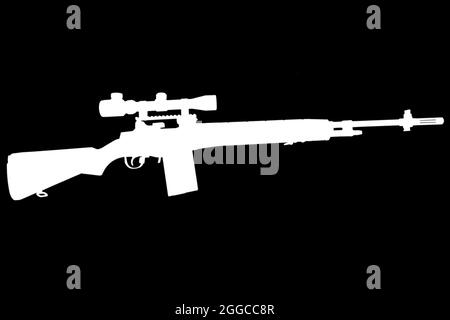 Silhouette blanche de fusil de sniper à base de M14 sur fond noir Banque D'Images