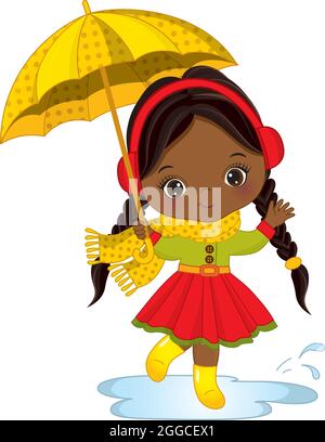 Adorable petite fille américaine africaine qui court dans des flaques tenant un parapluie. Vecteur petite fille d'automne Illustration de Vecteur