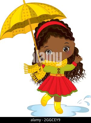 Adorable petite fille américaine africaine qui court dans des flaques tenant un parapluie. Vecteur petite fille d'automne Illustration de Vecteur