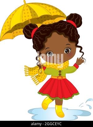 Adorable petite fille américaine africaine qui court dans des flaques tenant un parapluie. Vecteur petite fille d'automne Illustration de Vecteur