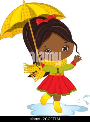 Adorable petite fille américaine africaine qui court dans des flaques tenant un parapluie. Vecteur petite fille d'automne Illustration de Vecteur