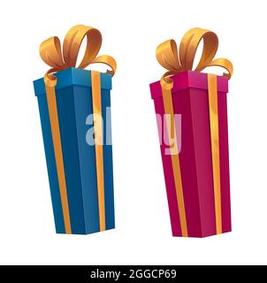 Grandes boîtes cadeau de vacances, dessin animé vecteur présente avec des rubans et des noeuds en or. Forfaits surprise bleus et roses ou packs de fête de Noël, d'anniversaire, Illustration de Vecteur