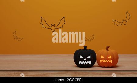 Rendu 3D. Halloween citrouille jack o lanterne sur table en bois avec chauve-souris volante sur fond. Banque D'Images