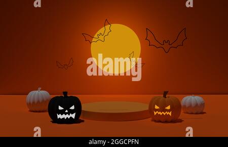 Rendu 3D. Podium abstrait scène minimale pour Halloween. Citrouille avec chauve-souris volante et pleine lune sur socle de forme géométrique Banque D'Images