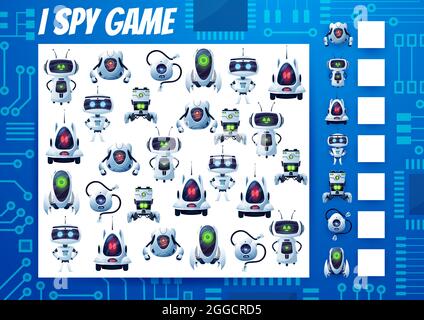 J'espionne le jeu des enfants, les robots de dessin animé et les droïdes riddle. Tâche vectorielle, puzzle éducatif avec des cyborgs d'ai. Combien d'androïdes et de bots tester. Développement de num Illustration de Vecteur