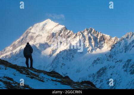 Un randonneur se tenant à flanc de colline dans la vallée de Hooker, au-dessous des faces sud d'Aoraki Mount Cook et de Nazomi Banque D'Images