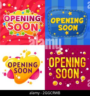 Ouverture prochaine des bannières de dessins animés. Annonce d'ouverture de magasin ou de boutique pour enfants affiches vectorielles amusantes, événement ou lancement de site Web promotion autocollants comiques WIT Illustration de Vecteur