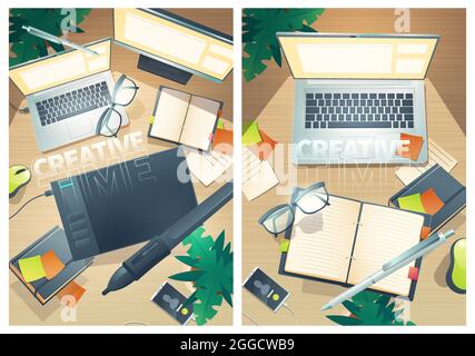 Affiches créatives avec vue de dessus de l'espace de travail du concepteur. Prospectus vectoriels avec dessin animé à plat de l'espace de travail de l'artiste créatif avec ordinateur portable, tablette graphique, ordinateur portable et téléphone mobile Illustration de Vecteur