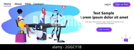 robots montrant des articles pour mélanger les femmes de course à la mode boutique de technologie d'intelligence artificielle shopping concept Illustration de Vecteur
