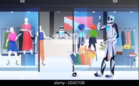 robot avec chariot marche avec achats intelligence artificielle technologie shopping à l'intérieur du centre commercial Illustration de Vecteur