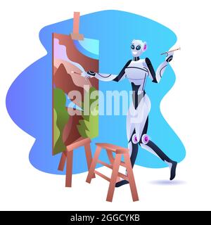 peintre robotique utilisant le pinceau robot artiste debout devant le chevalet et la peinture art créativité artificielle intelligence Illustration de Vecteur