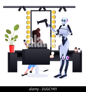 robot coiffeur faire le style de cheveux à la femme client dans le salon de beauté artificiel intelligence technologie concept Illustration de Vecteur