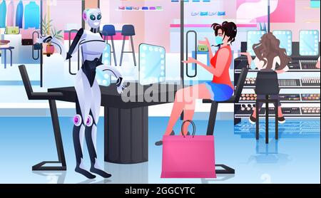 robots montrant des articles dans la boutique de mode de technologie de l'intelligence artificielle concept Illustration de Vecteur