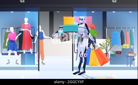 robot avec chariot marche avec achats intelligence artificielle technologie shopping à l'intérieur du centre commercial Illustration de Vecteur