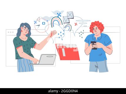 Concept d'appel vidéo en ligne, de visioconférence et de communication d'entreprise, vecteur plat isolé sur blanc. Personnes échangeant des messages et des documents onl Illustration de Vecteur