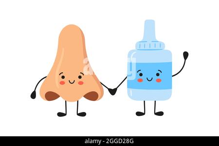 Kawaii nez humain et corps médical. Médicaments pour la santé du nez. Traitement de l'écoulement nasal, sinusite, rhinite. Illustration vectorielle Illustration de Vecteur