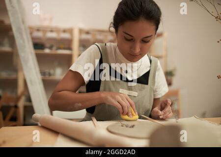 Une jeune femme concentrée dans un tablier à l'aide d'une éponge tout en faisant un article d'art décoratif en argile avec imprimé botanique dans un studio créatif Banque D'Images