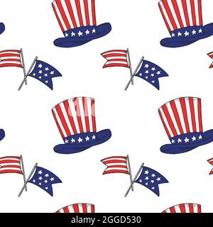 Motif patriotique sans couture avec drapeaux américains et chapeau Uncle Sam. Illustration vectorielle Illustration de Vecteur