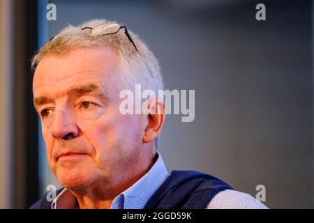 Michael O'Leary, PDG de Ryanair, a photographié lors d'une conférence de presse de la compagnie aérienne irlandaise Ryanair, à Bruxelles, le mardi 31 août 2021. BELGA PHOTO HADRIEN DURE Banque D'Images