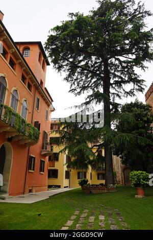 Architecture extérieure et décoration de la via Giuseppe Mazzini, rue commerçante et site classé au patrimoine mondial de l'UNESCO ville de Ferrara-Vérone, Italie Banque D'Images