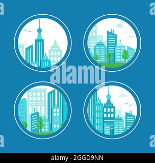 Ensemble d'icônes rondes avec ville bleue. Paysage urbain avec maisons en cercle. Illustration de Vecteur