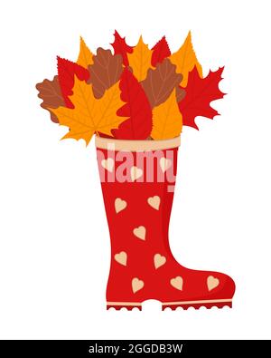 Bottes de pluie rouges avec bouquet de feuilles d'automne Illustration de Vecteur