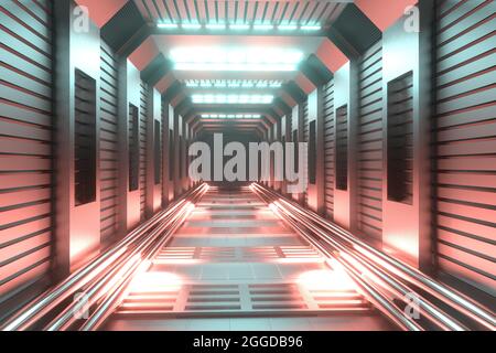 Arrière-plan abstrait du tunnel de science-fiction. Garage d'entrepôt futuriste avec éclairage au néon. Image de rendu 3D Banque D'Images