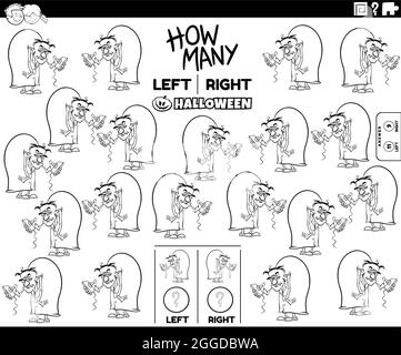 Dessin animé noir et blanc illustration de la tâche éducative de compter à gauche et à droite des images orientées du mal scientifique caractère coloriage page de livre Illustration de Vecteur