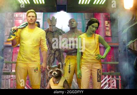 GARDIENS DU FILM GALAXY 2014 Walt Disney Motion Pictures. Depuis la gauche : Chris Pratt, Dave Bautista, vin Diesel, Zoe Saldana Banque D'Images