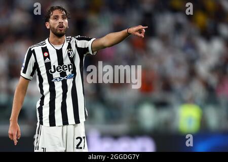 Turin, Italie. 29 août 2021. Manuel Locatelli de Juventus FC gestes pendant la série UN match entre Juventus FC et Empoli FC. Banque D'Images