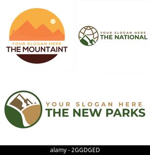 Parc naturel avec soleil de montagne et logo de la terre mondiale Illustration de Vecteur