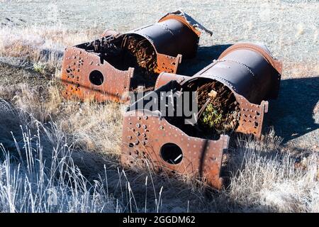 Chaudières à vapeur abandonnées, Arthurs Pass, Canterbury, Île du Sud, Nouvelle-Zélande Banque D'Images