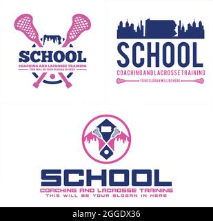 Modèle de logo de la LaCrosse de l'école avec bâton croisé et bâtiment d'horizon Illustration de Vecteur