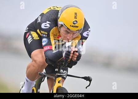 Dutch Dylan Groenewegen de l'équipe Jumbo-Visma photographié en action pendant la deuxième étape de la tournée à vélo du Benelux, un essai individuel, 11,1 km f Banque D'Images