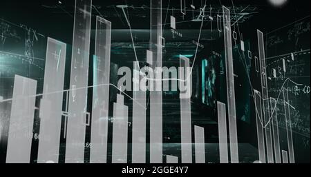 Traitement des données statistiques par rapport aux écrans avec équations mathématiques sur fond noir Banque D'Images