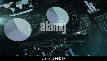 Équations mathématiques flottantes par rapport au traitement des données statistiques sur fond noir Banque D'Images