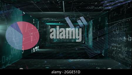 Équations mathématiques flottantes par rapport au traitement des données statistiques sur fond noir Banque D'Images