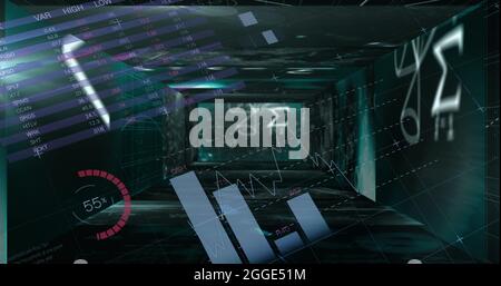 Équations mathématiques flottantes par rapport au traitement des données statistiques sur fond noir Banque D'Images