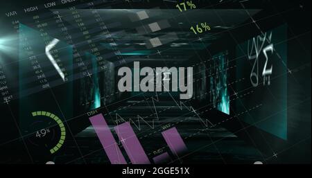 Équations mathématiques flottantes par rapport au traitement des données statistiques sur fond noir Banque D'Images