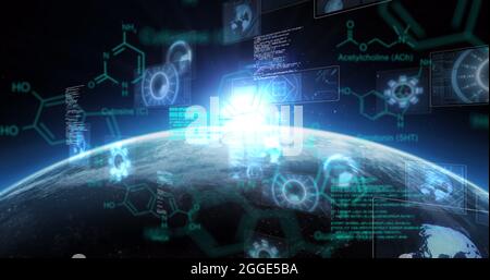 Image du traitement de données scientifiques et de l'acquisition d'oscilloscopes sur des écrans au-dessus du globe et du soleil Banque D'Images