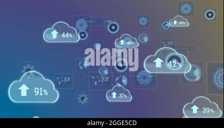 Image de nuages numériques avec flèches et pourcentage de croissance sur les oscilloscopes scannant sur les écrans Banque D'Images
