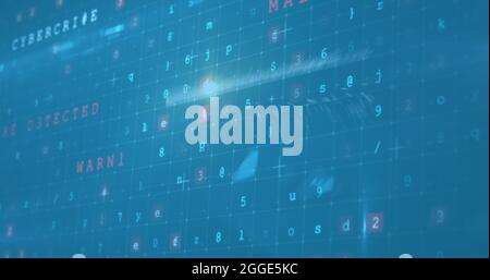 Image d'avertissement de sécurité avec traitement des données et réseau d'écrans sur fond bleu Banque D'Images
