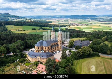 Vue aérienne, basilique Vierzehnheiligen, haute vallée principale, haute-Franconie, Franconie, Bavière, Allemagne Banque D'Images